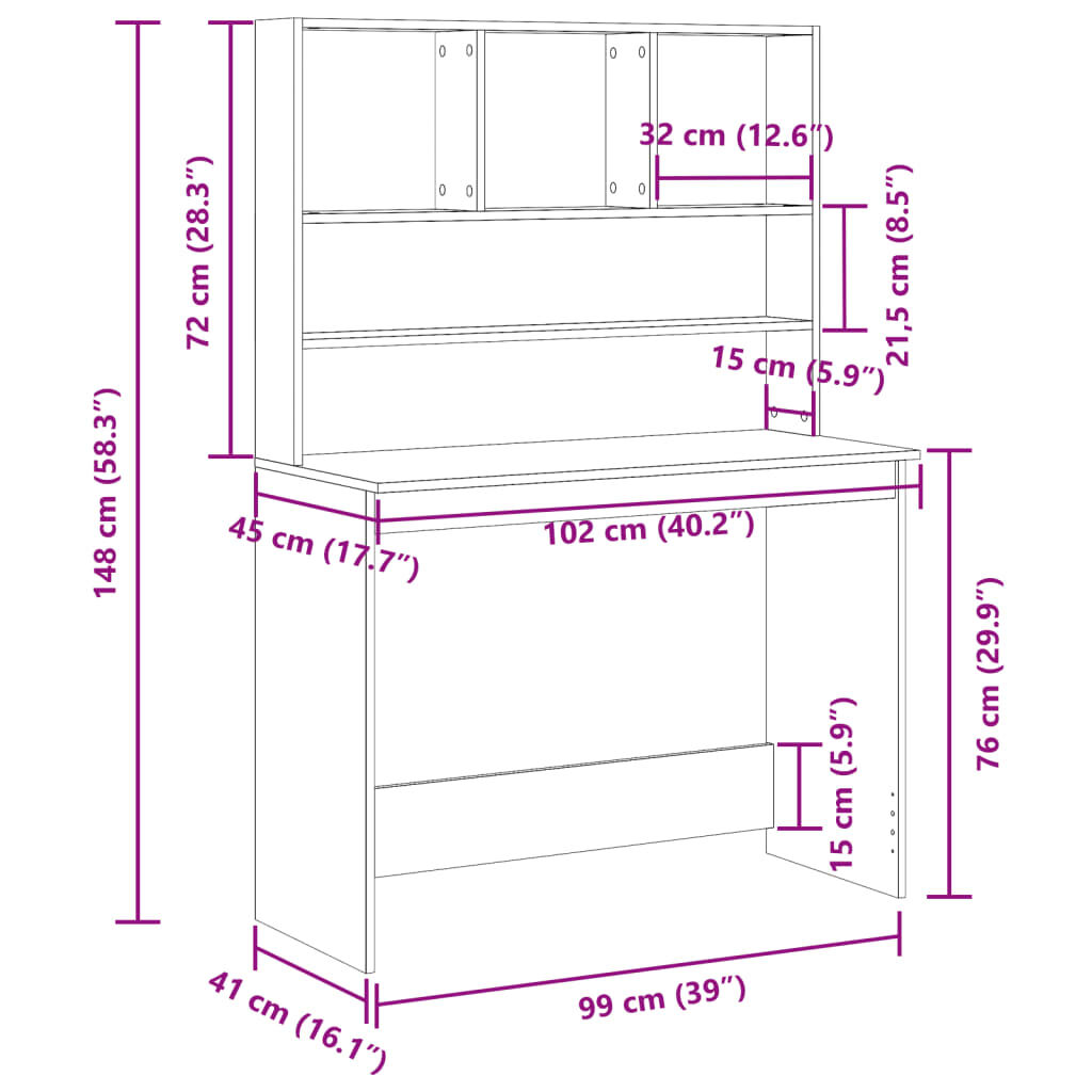 vidaXL Γραφείο με Ράφια Αρτισιανή Δρυς 102x45x148εκ Επεξεργασμένο Ξύλο