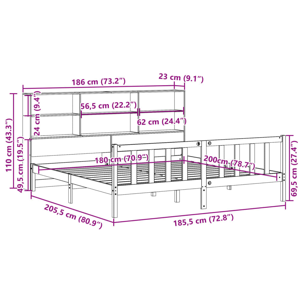 vidaXL Κρεβάτι Βιβλιοθήκη Χωρίς Στρώμα 180x200 εκ Μασίφ Ξύλο Πεύκου