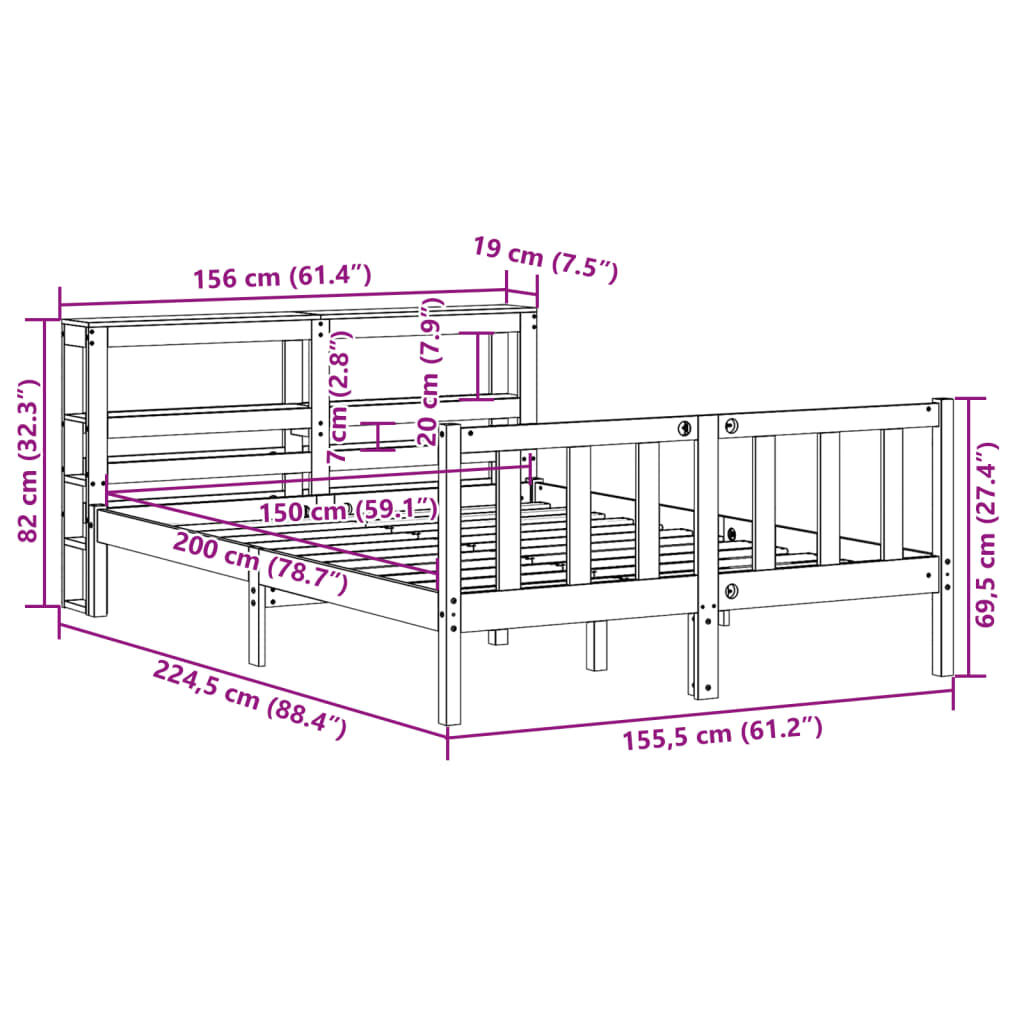 vidaXL Πλαίσιο Κρεβατιού με Κεφαλάρι Μελί 150x200εκ. Μασίφ Ξύλο Πεύκου