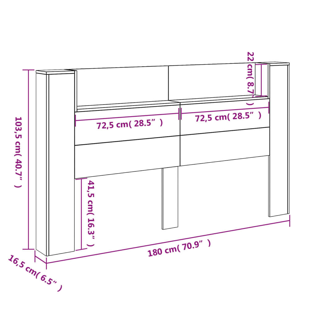 vidaXL Κεφαλάρι με Αποθηκ. Χώρο & LED Γκρι Sonoma 180x16,5x103,5 εκ.