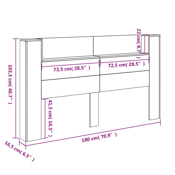 vidaXL Κεφαλάρι με Αποθηκ. Χώρο & LED Γκρι Sonoma 180x16,5x103,5 εκ.