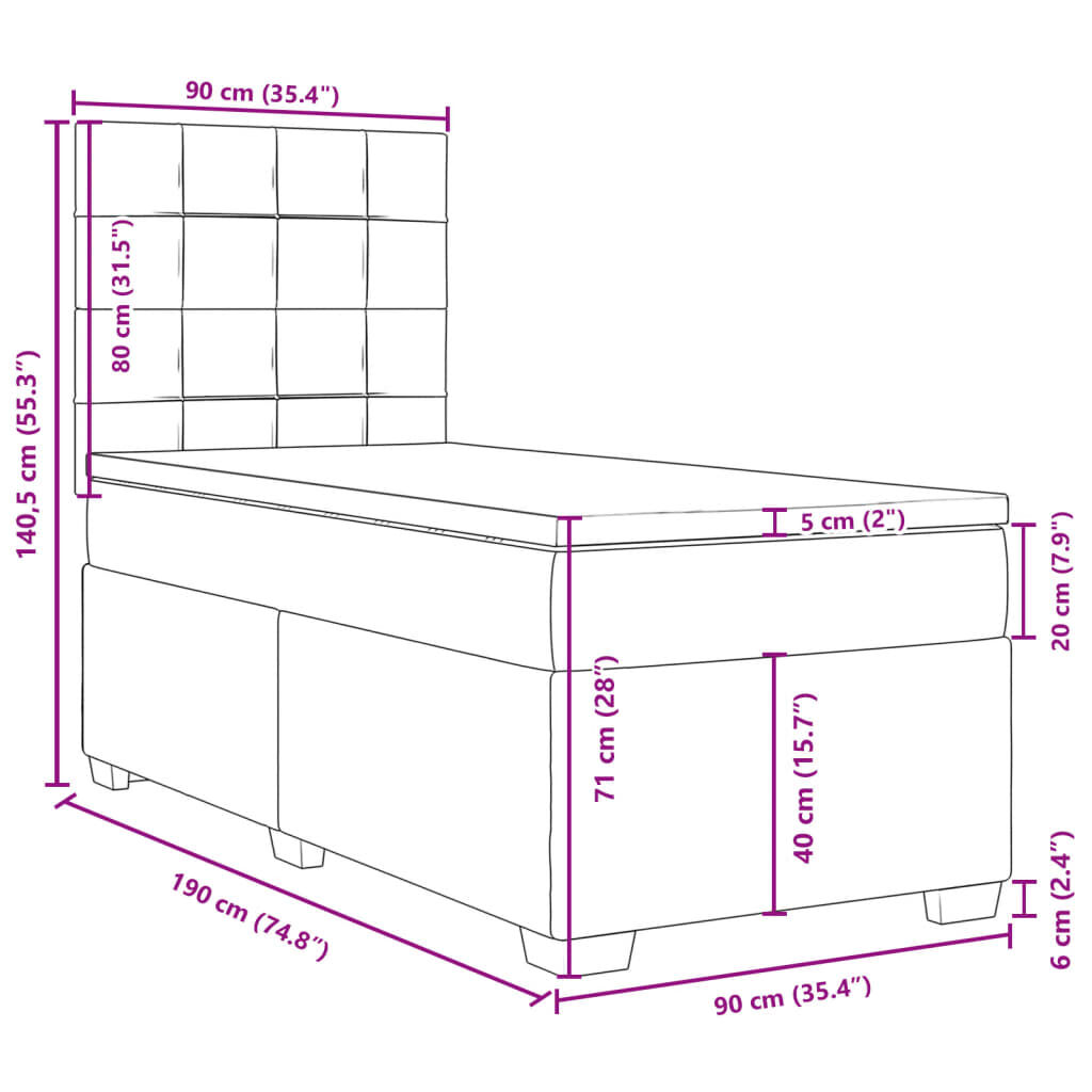 vidaXL Κρεβάτι Boxspring με Στρώμα Σκούρο Γκρι 90x190 εκ. Βελούδινο