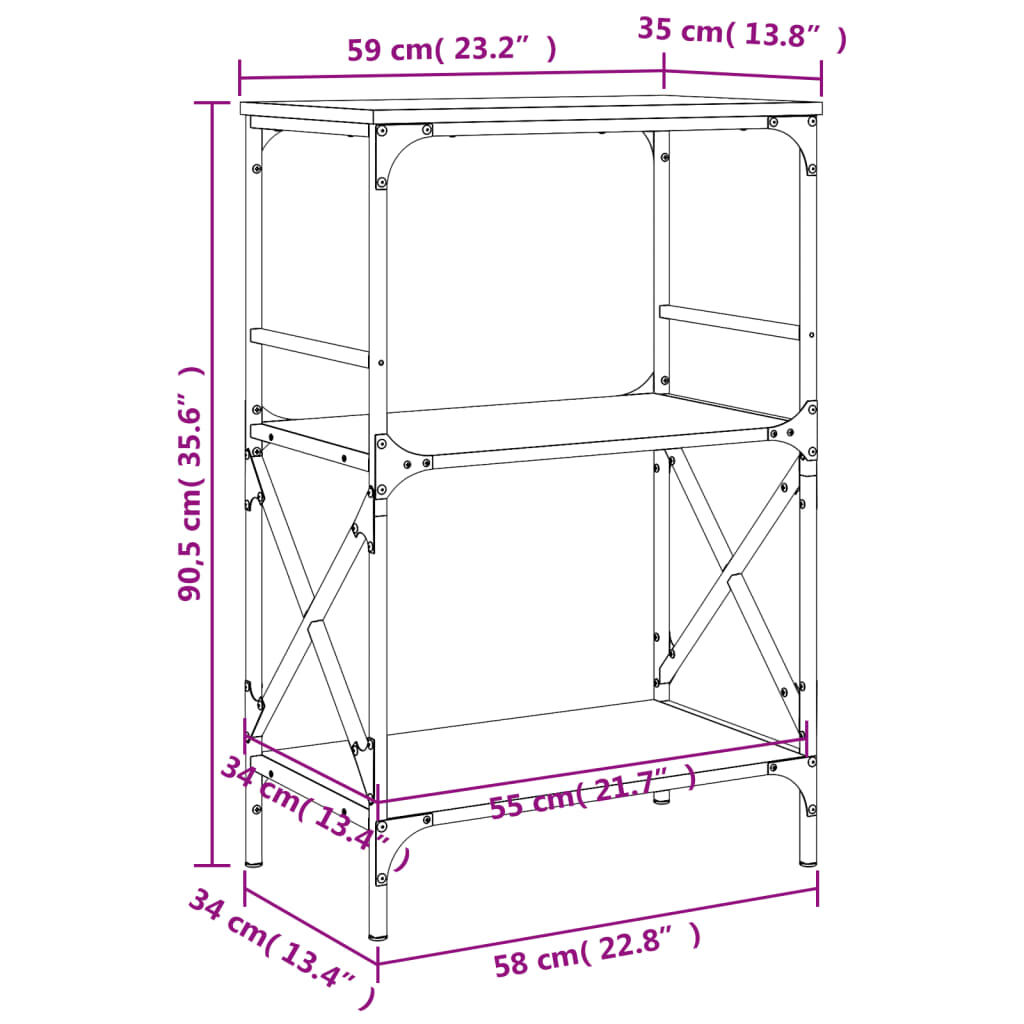 vidaXL Βιβλιοθήκη 3 Επιπέδων Καφέ Δρυς 59x35x90,5 εκ. Επεξεργ. Ξύλο