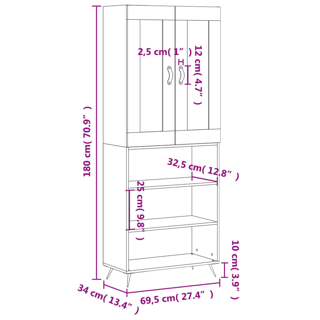 vidaXL Ντουλάπι Γκρι Sonoma 69,5 x 34 x 180 εκ. Επεξεργασμένο Ξύλο