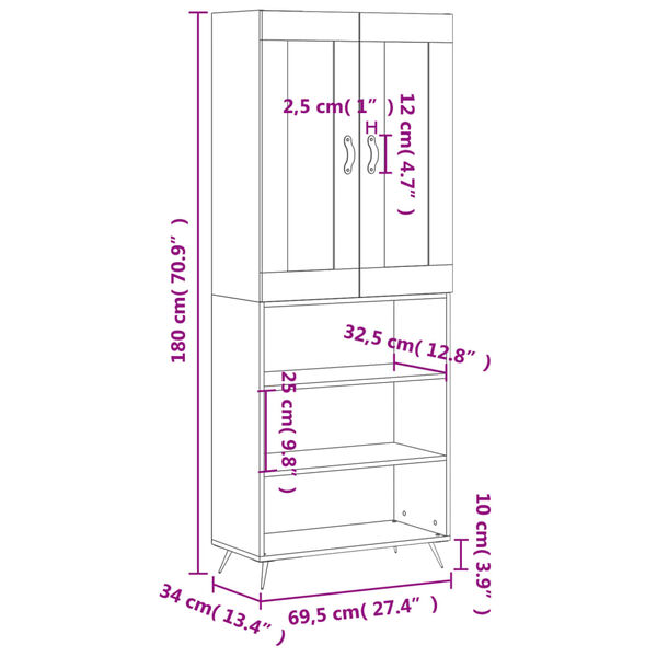 vidaXL Ντουλάπι Γκρι Sonoma 69,5 x 34 x 180 εκ. Επεξεργασμένο Ξύλο