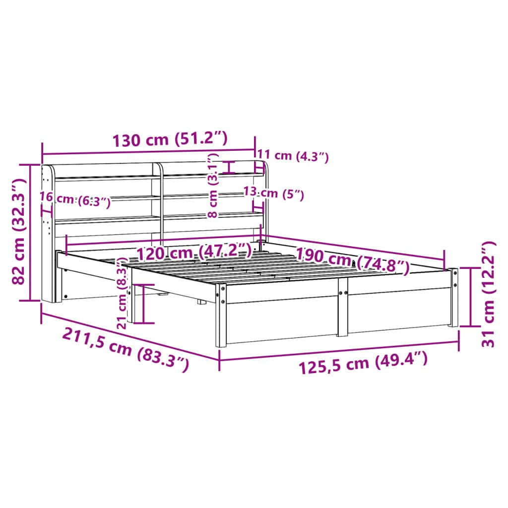 vidaXL Πλαίσιο Κρεβατιού με Κεφαλάρι Λευκό 120x190 εκ. Μασίφ Πεύκου
