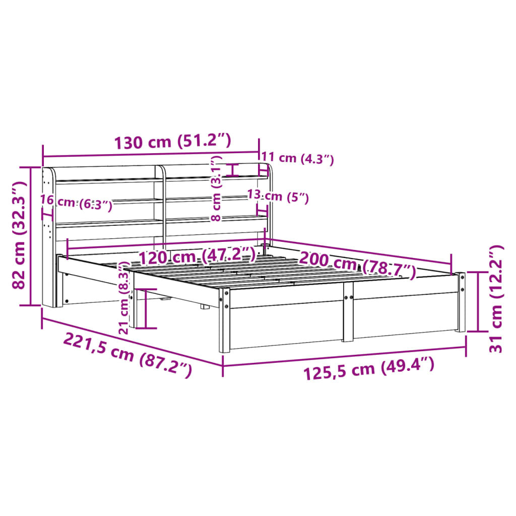 vidaXL Πλαίσιο Κρεβατιού με Κεφαλάρι 120x200 εκ. από Μασίφ Ξύλο Πεύκου