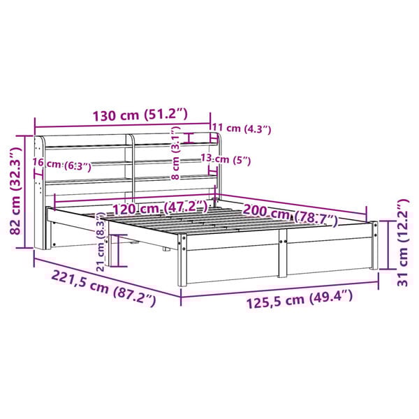 vidaXL Πλαίσιο Κρεβατιού με Κεφαλάρι 120x200 εκ. από Μασίφ Ξύλο Πεύκου