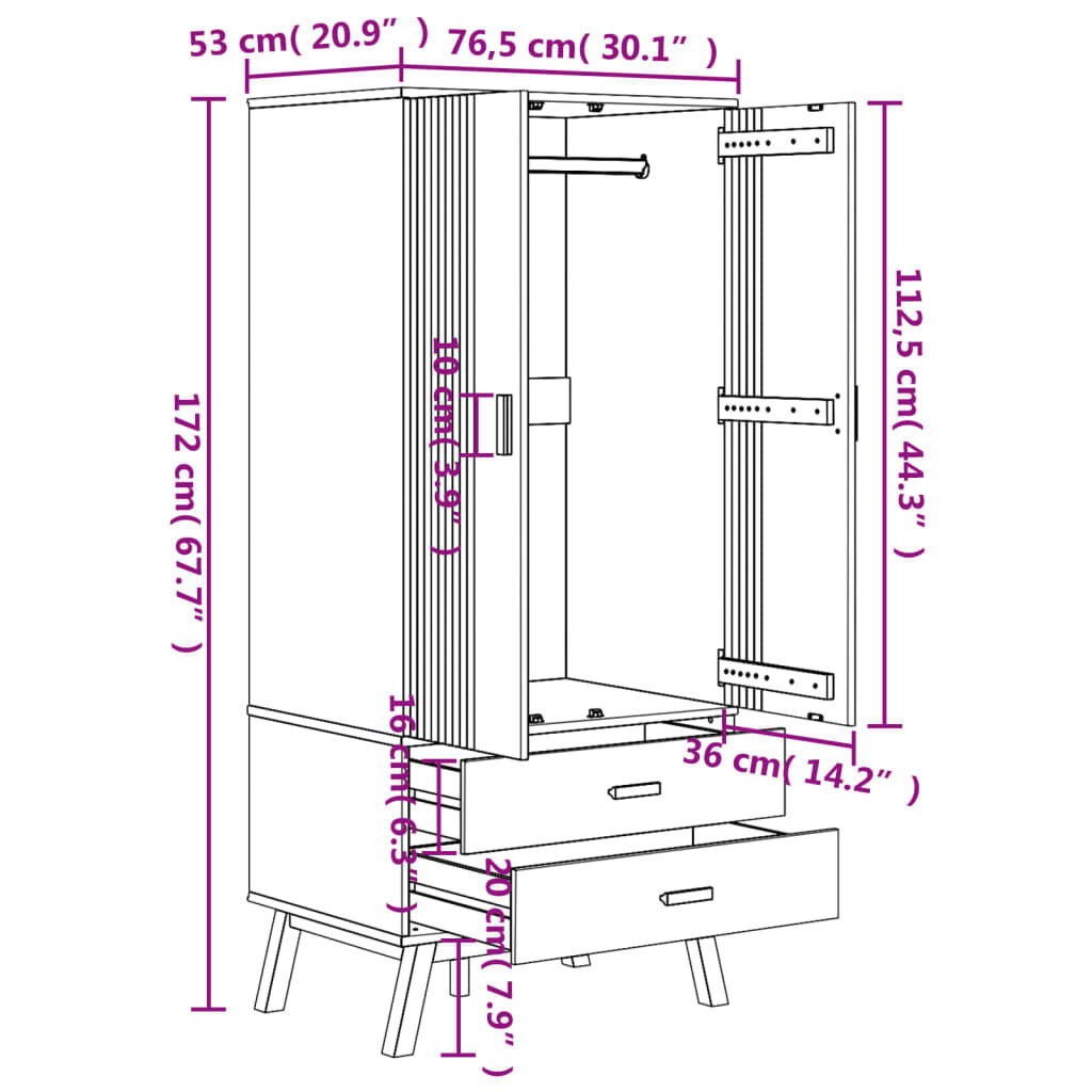 vidaXL Ντουλάπα OLDEN Λευκό & Καφέ 76,5x53x172 εκ. Μασίφ Ξύλο Πεύκου