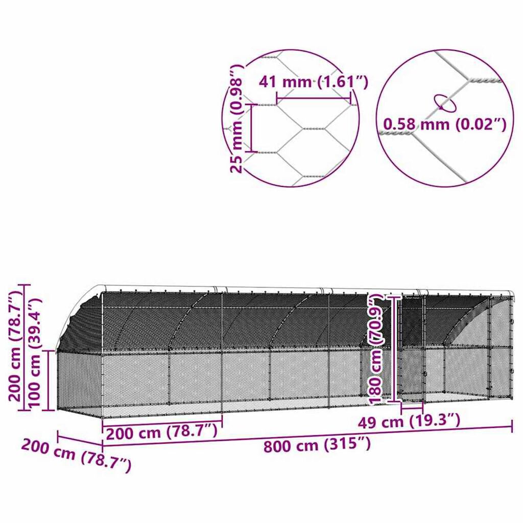 vidaXL Κλουβί για κότες Ασημί 800 x 200 x 198.5 εκ