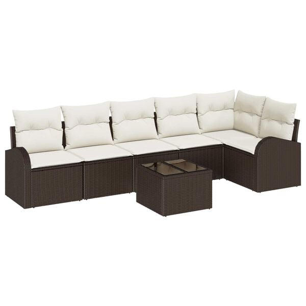 vidaXL Σετ Καναπέ Κήπου με μαξιλάρι 7 pcs Καφέ και λευκό Πολυ ράταν
