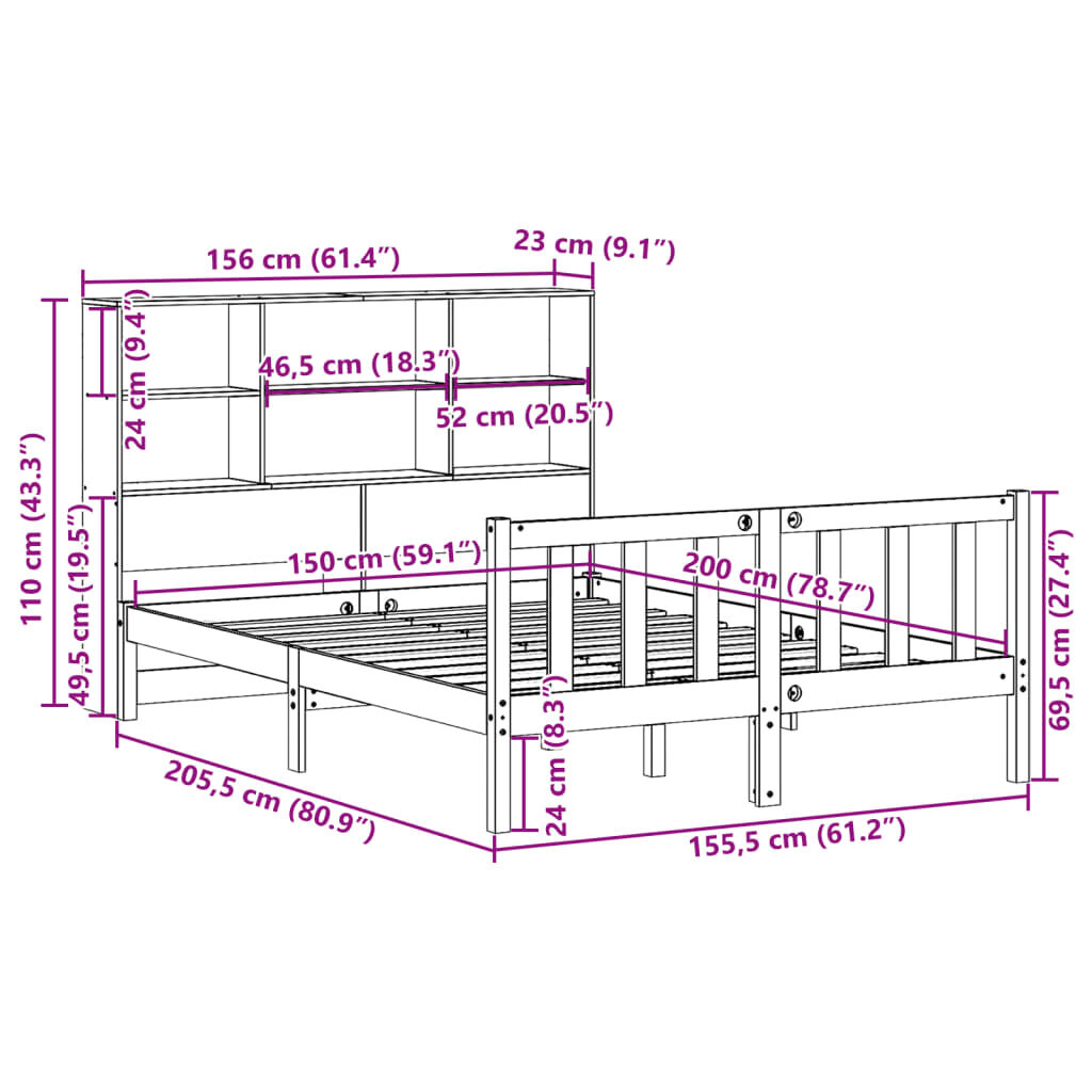 vidaXL Κρεβάτι Βιβλιοθήκη Χωρίς Στρώμα 150x200 εκ Μασίφ Ξύλο Πεύκου