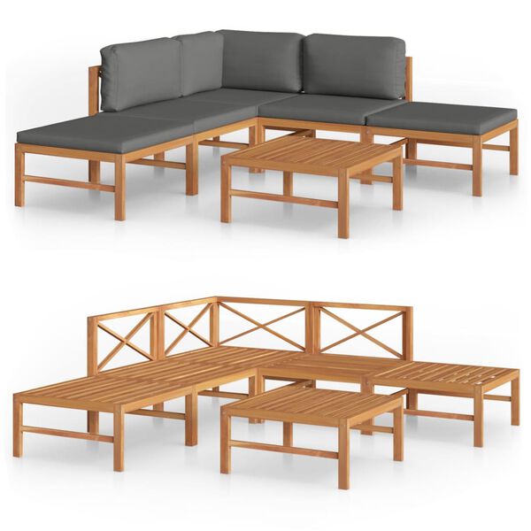 vidaXL Σαλόνι Κήπου Σετ 6 Τεμαχίων Μασίφ Ξύλο Teak με Γκρι Μαξιλάρια