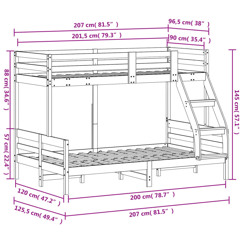 vidaXL Κουκέτα 90x200/120x200 εκ. από Μασίφ Ξύλο Πεύκου