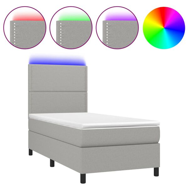 vidaXL Κρεβάτι Boxspring με Στρώμα & LED Αν.Γκρι 90x190 εκ. Υφασμάτινο