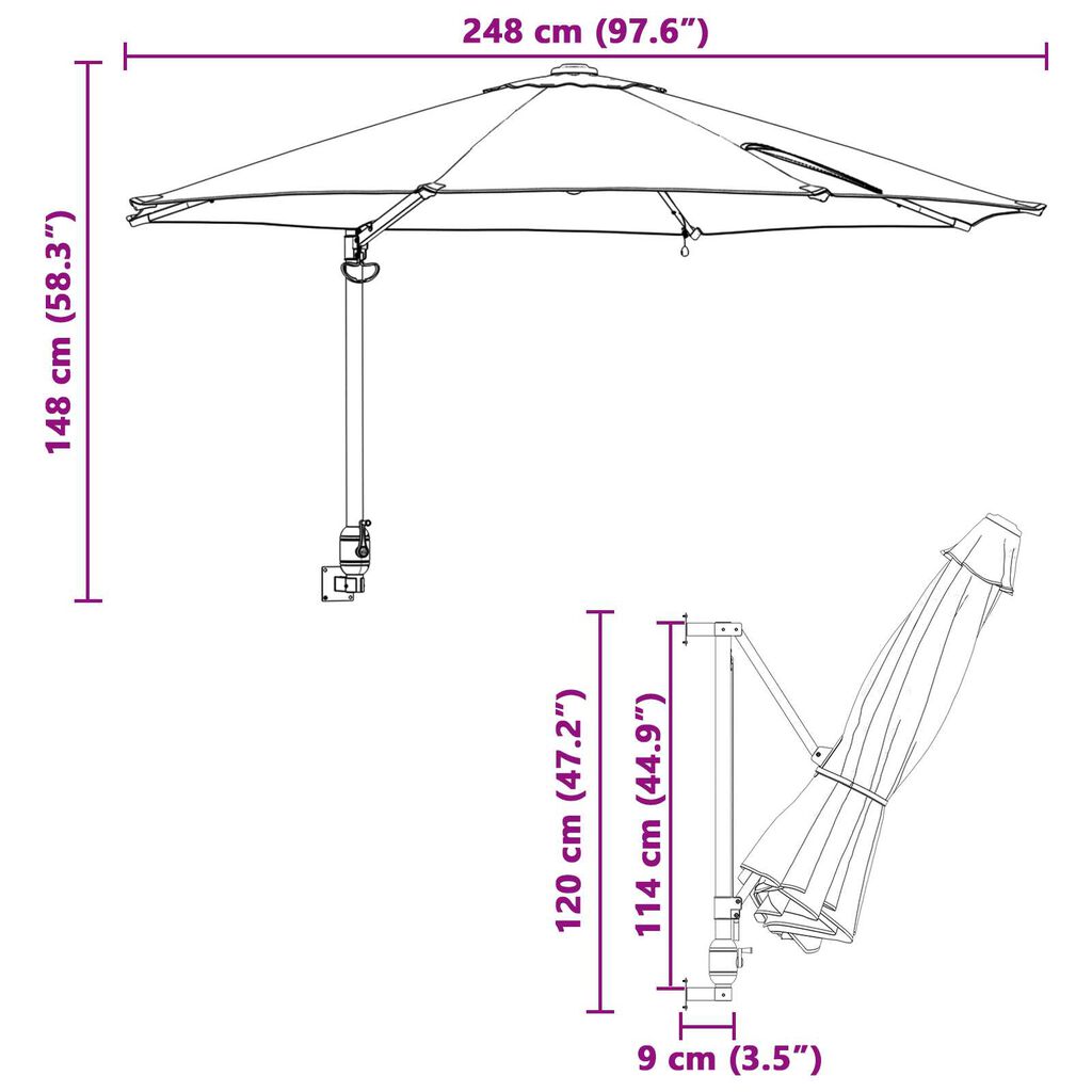 vidaXL Ομπρέλα Κήπου Τοίχου με LEDs Πορτοκαλί 248 cm