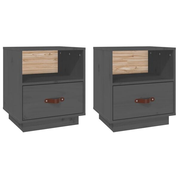 vidaXL Κομοδίνα 2 τεμ. Γκρι 40x34x45 εκ. από Μασίφ Ξύλο Πεύκου