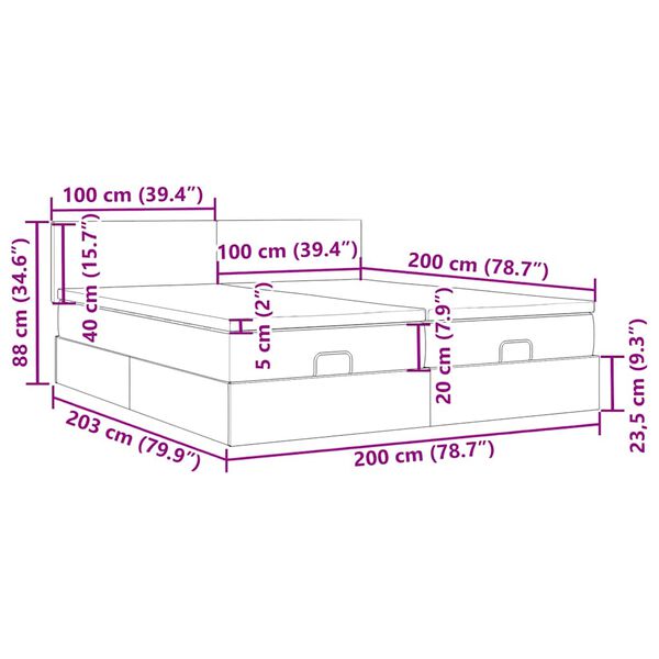 vidaXL Οθωμανικό κρεβάτι με στρώματα & LEDs Μπλε 200x200cm ύφασμα
