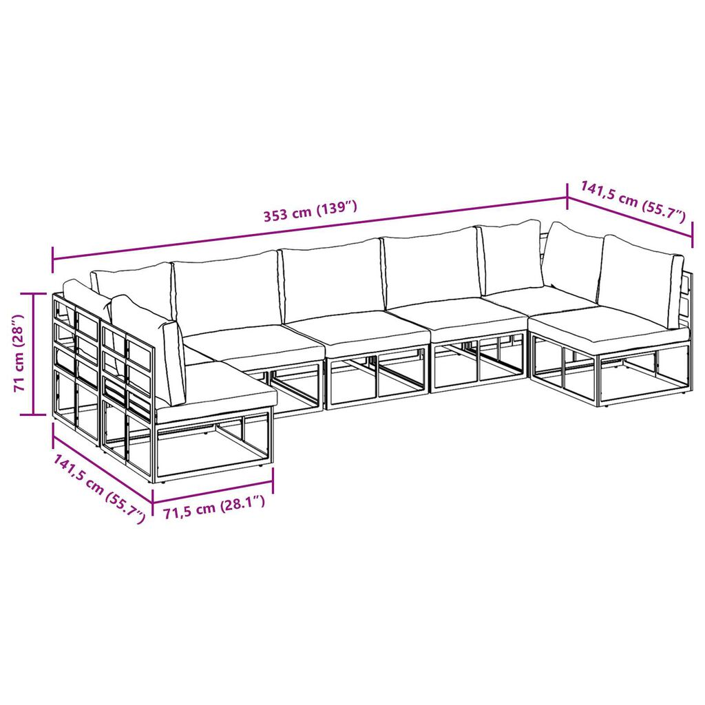 vidaXL Σετ Καναπέ Κήπου 7 pcs Μαύρο 353 x 141.5 x 71 εκ Αλουμίνιο