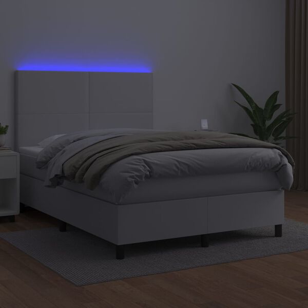 vidaXL Κρεβάτι Boxspring με Στρώμα & LED Λευκό 140x190 εκ. Συνθ. Δέρμα