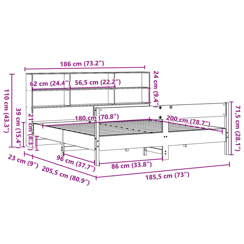 vidaXL Κρεβάτι Βιβλιοθήκη Χωρίς Στρώμα 180x200 εκ Μασίφ Ξύλο Πεύκου