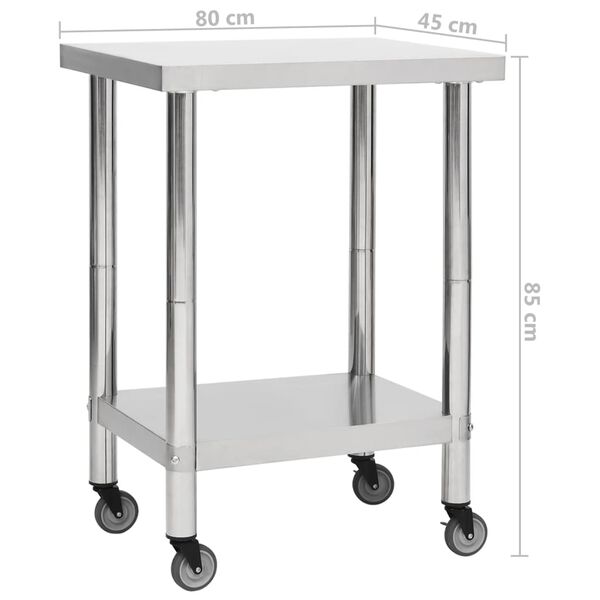 vidaXL Πάγκος Εργασίας Κουζίνας με Ροδάκια 80x45x85 εκ Ανοξείδ. Ατσάλι