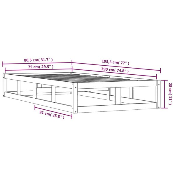 vidaXL Πλαίσιο Κρεβατιού 75 x 190 εκ. από Μασίφ Ξύλο Small Single