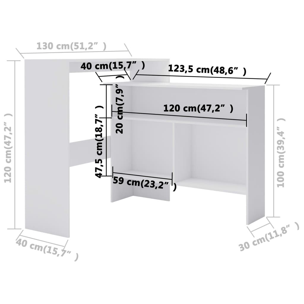 vidaXL Τραπέζι Μπαρ με 2 Επιφάνειες Λευκό 130 x 40 x 120 εκ.