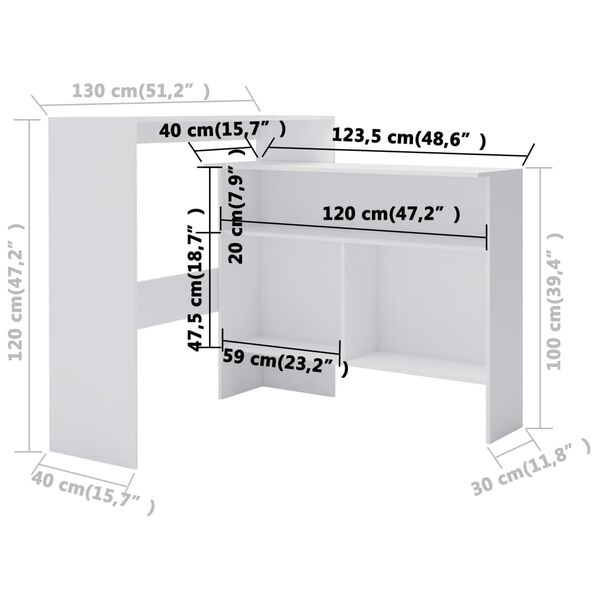 vidaXL Τραπέζι Μπαρ με 2 Επιφάνειες Λευκό 130 x 40 x 120 εκ.