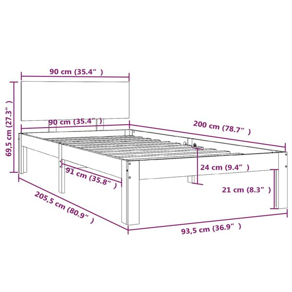 vidaXL Πλαίσιο Κρεβατιού 90 x 200 εκ. από Μασίφ Ξύλο Πεύκου