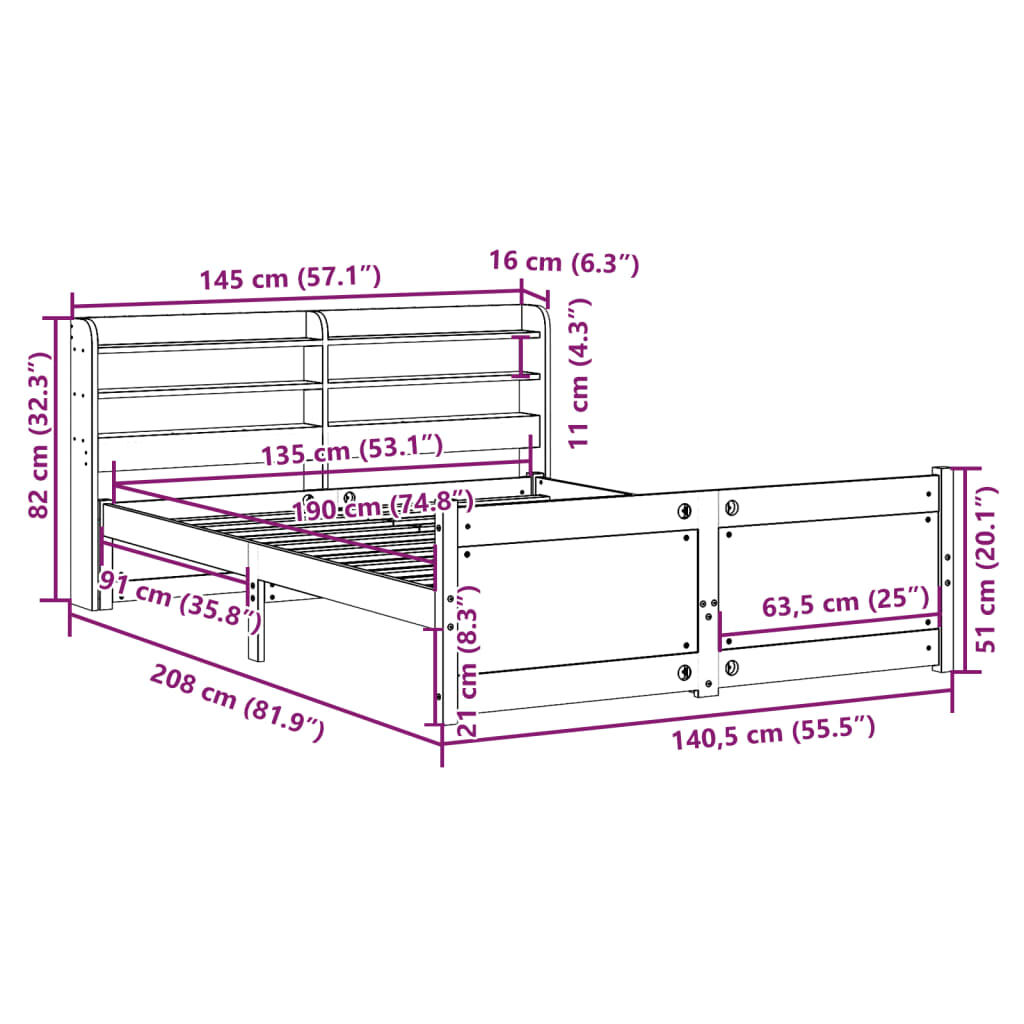 vidaXL Πλαίσιο Κρεβατιού με Κεφαλάρι 135x190 εκ. από Μασίφ Ξύλο Πεύκου