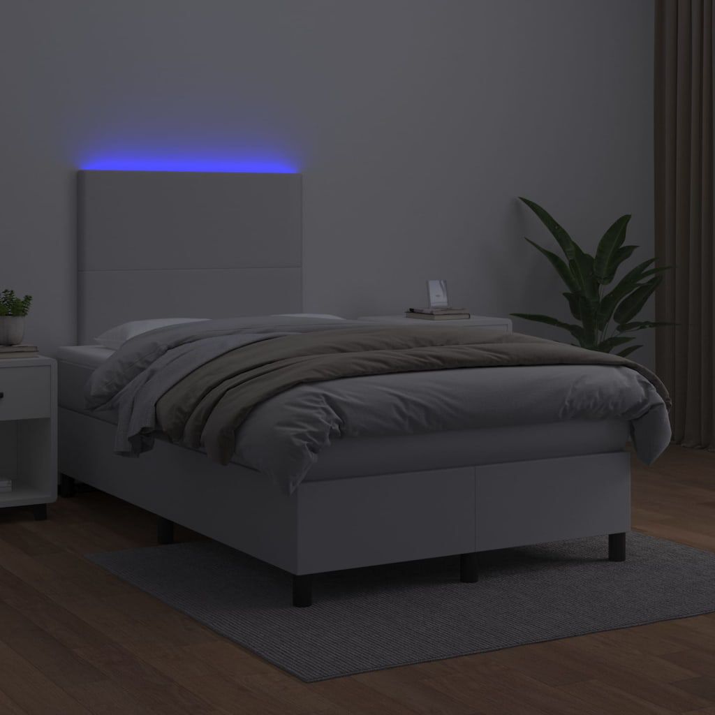 vidaXL Κρεβάτι Boxspring με Στρώμα & LED Λευκό 120x200 εκ. Συνθ. Δέρμα