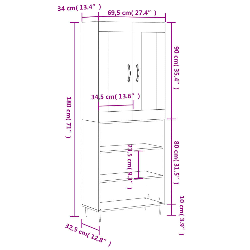 vidaXL Ντουλάπι Γκρι Σκυροδέματος 69,5x34x180 εκ. Επεξεργασμένο Ξύλο