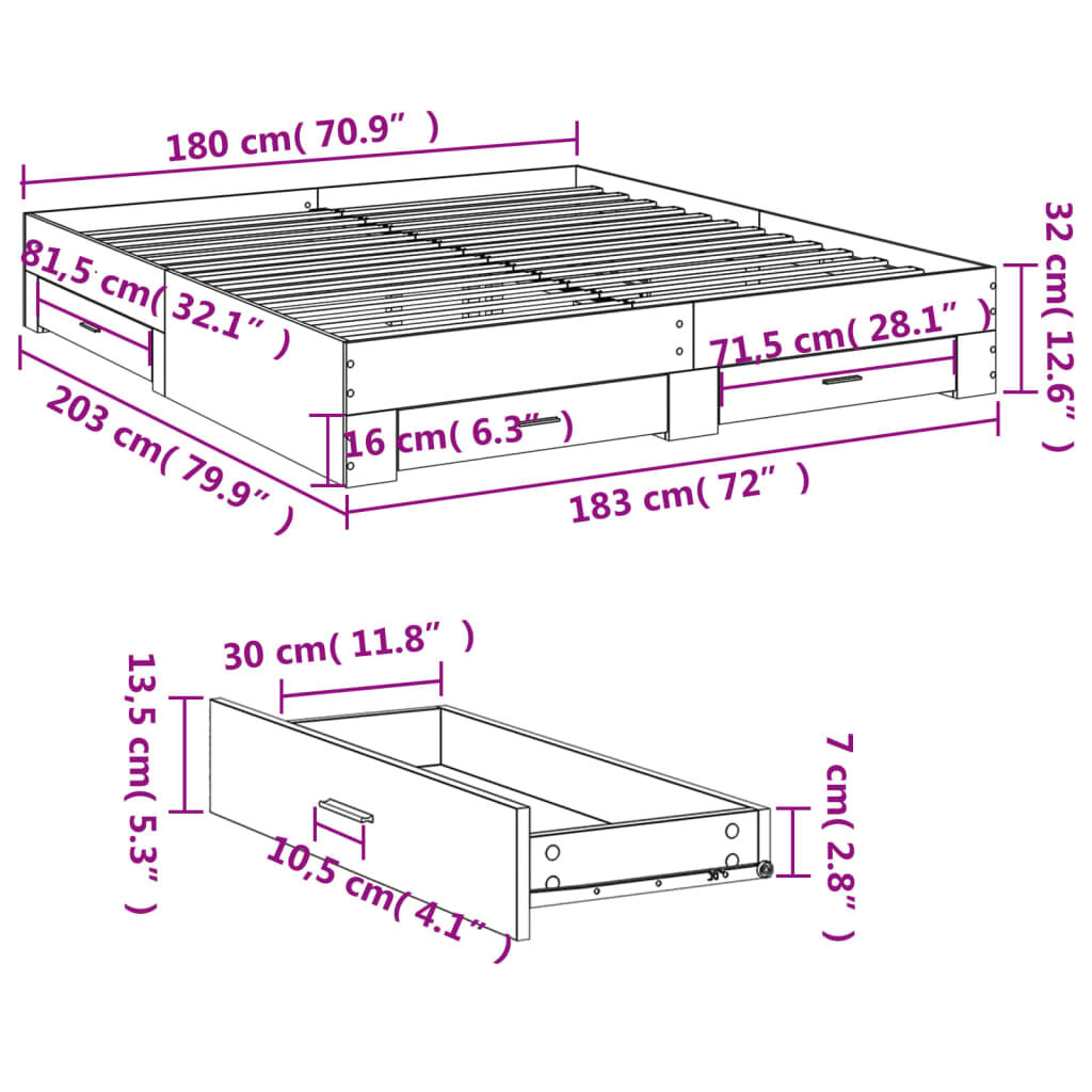 vidaXL Πλαίσιο Κρεβατιού με συρτάρια Γκρι sonoma 180x200εκ. Επεξ. Ξύλο