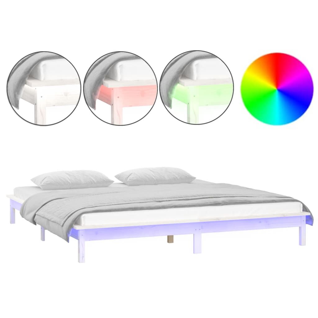 vidaXL Πλαίσιο Κρεβατιού με LED Λευκό 135 x 190 εκ. Διπλό Μασίφ Ξύλο