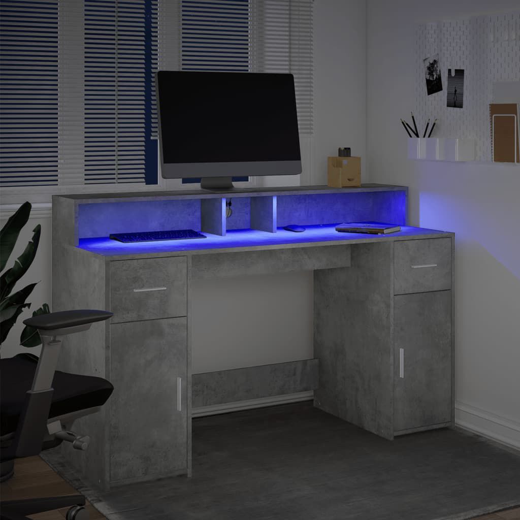 vidaXL Γραφείο με LED Γκρι Σκυρόδεματος 140x55x91 εκ. Επεξεργ. Ξύλο