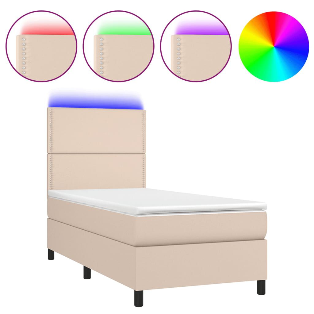 vidaXL Κρεβάτι Boxspring Στρώμα&LED Καπουτσίνο 100x200 εκ. Συνθ. Δέρμα