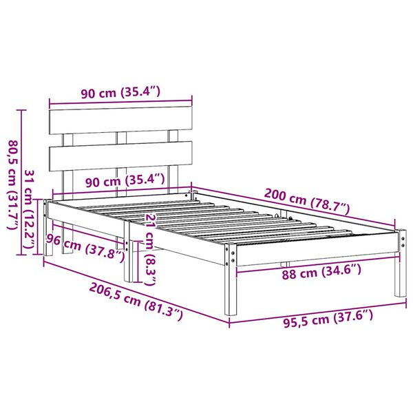 vidaXL Σκελετός Κρεβατιού Λευκό 90 x 200 cm Μασίφ ξύλο πεύκου