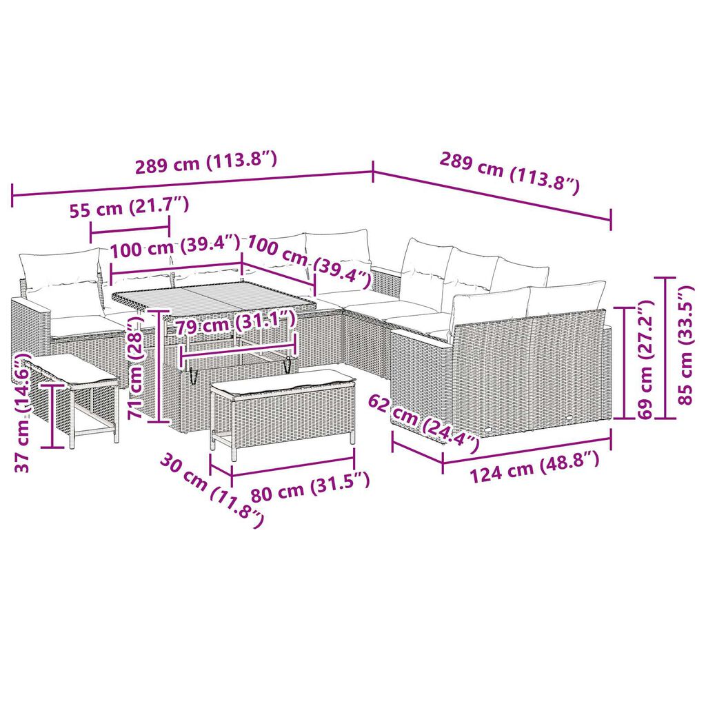 vidaXL Σετ Καναπέ Κήπου με μαξιλάρι 13 pcs Γκρι Πολυ ράταν