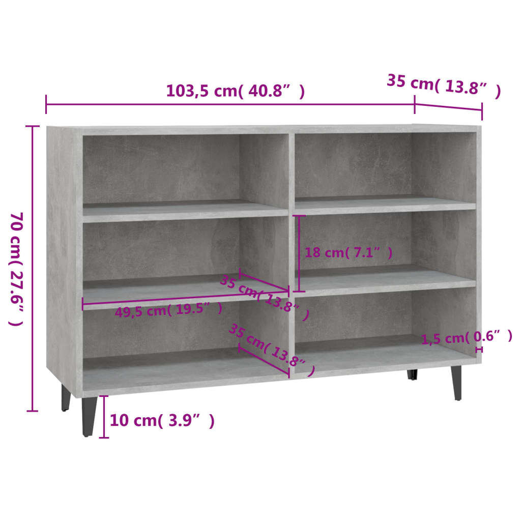 vidaXL Ραφιέρα Γκρι Σκυροδέματος 103,5 x 35 x 70 εκ. από Επεξεργ. Ξύλο
