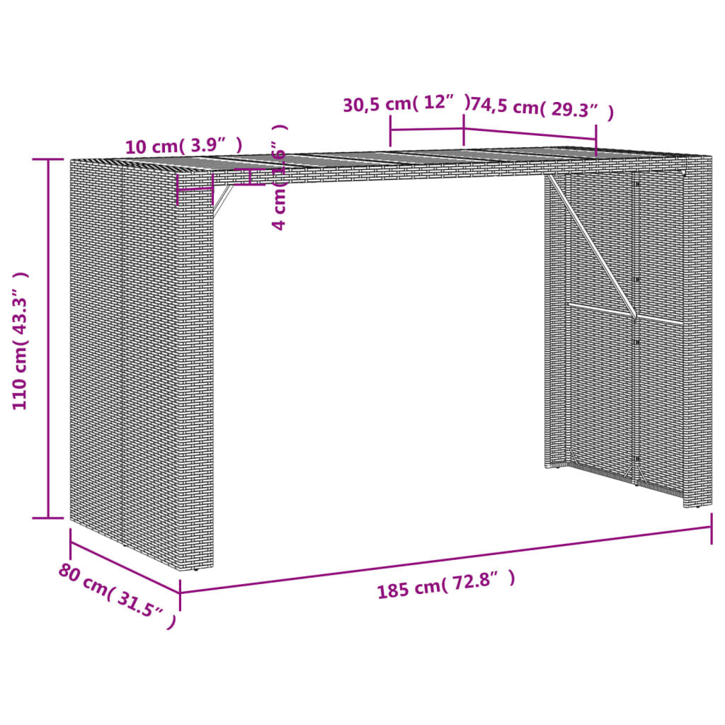 vidaXL Τραπέζι Μπαρ Κήπου Επιφ. Ακακίας Μαύρο 185x80x110εκ Συνθ. Ρατάν