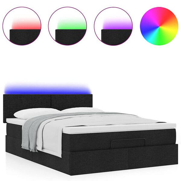 vidaXL Οθωμανικό κρεβάτι με στρώμα & LEDs Μαύρο 140x190 cm Ύφασμα