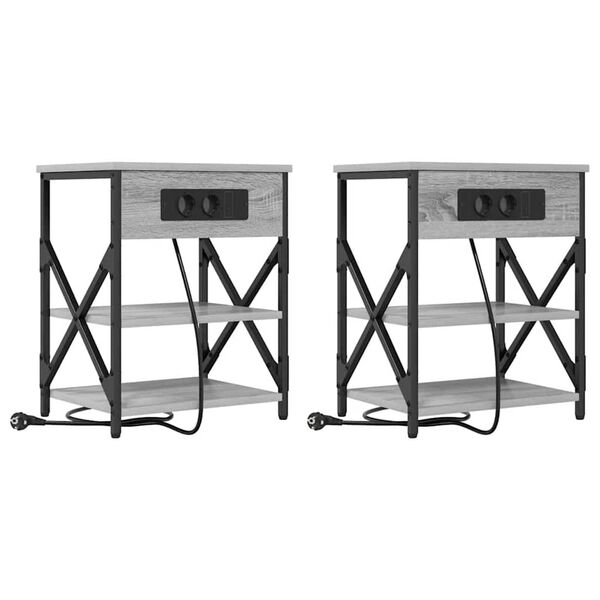 vidaXL Κομοδίνο με Σταθμό Φόρτισης με ράφι 2 pcs Γκρι sonoma