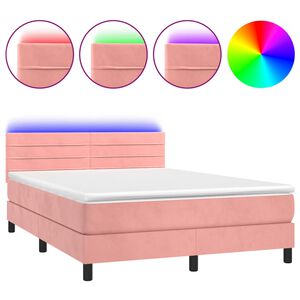 vidaXL Κρεβάτι Boxspring με Στρώμα & LED Ροζ 140x200 εκ. Βελούδινο