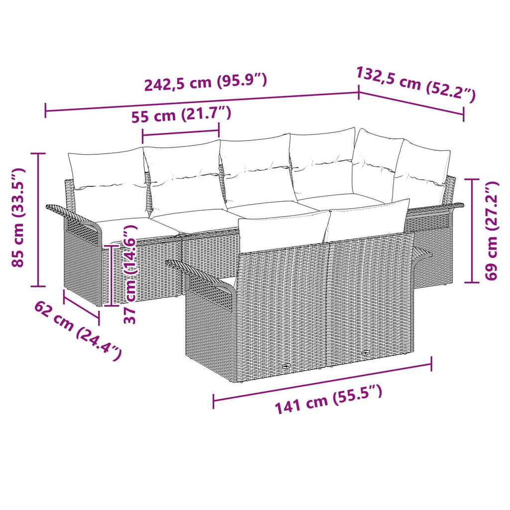 vidaXL Σετ Καναπέ Κήπου με μαξιλάρι 7 pcs Μπεζ Πολυ ράταν