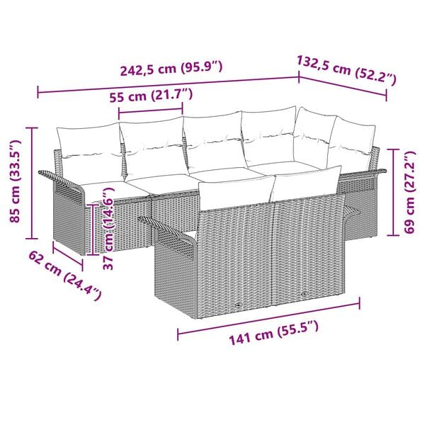 vidaXL Σετ Καναπέ Κήπου με μαξιλάρι 7 pcs Μπεζ Πολυ ράταν