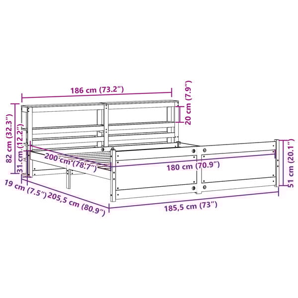 vidaXL Πλαίσιο Κρεβατιού με Κεφαλάρι 180x200 εκ. από Μασίφ Ξύλο Πεύκου