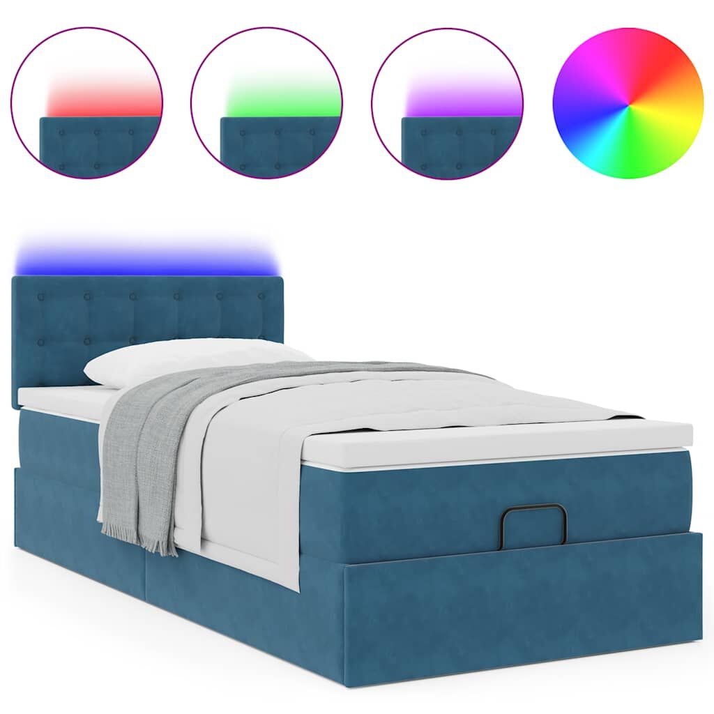vidaXL Οθωμανικό κρεβάτι με στρώμα & LEDs Σκούρο μπλε 80x200cm Βελούδο