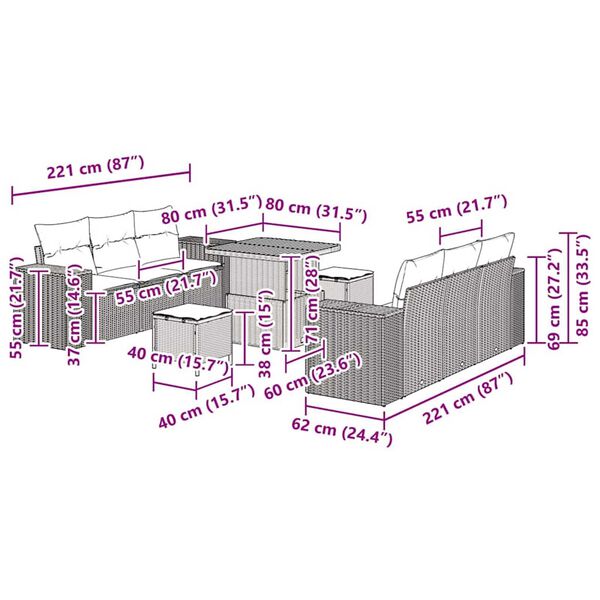 vidaXL Σετ Καναπέ Κήπου με μαξιλάρι 9 pcs Γκρι 80 x 80 x 71 cm