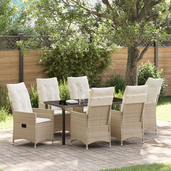 vidaXL Σέτ φαγητού για κήπο με μαξιλάρι 7 pcs Μπεζ Πολυ ράταν